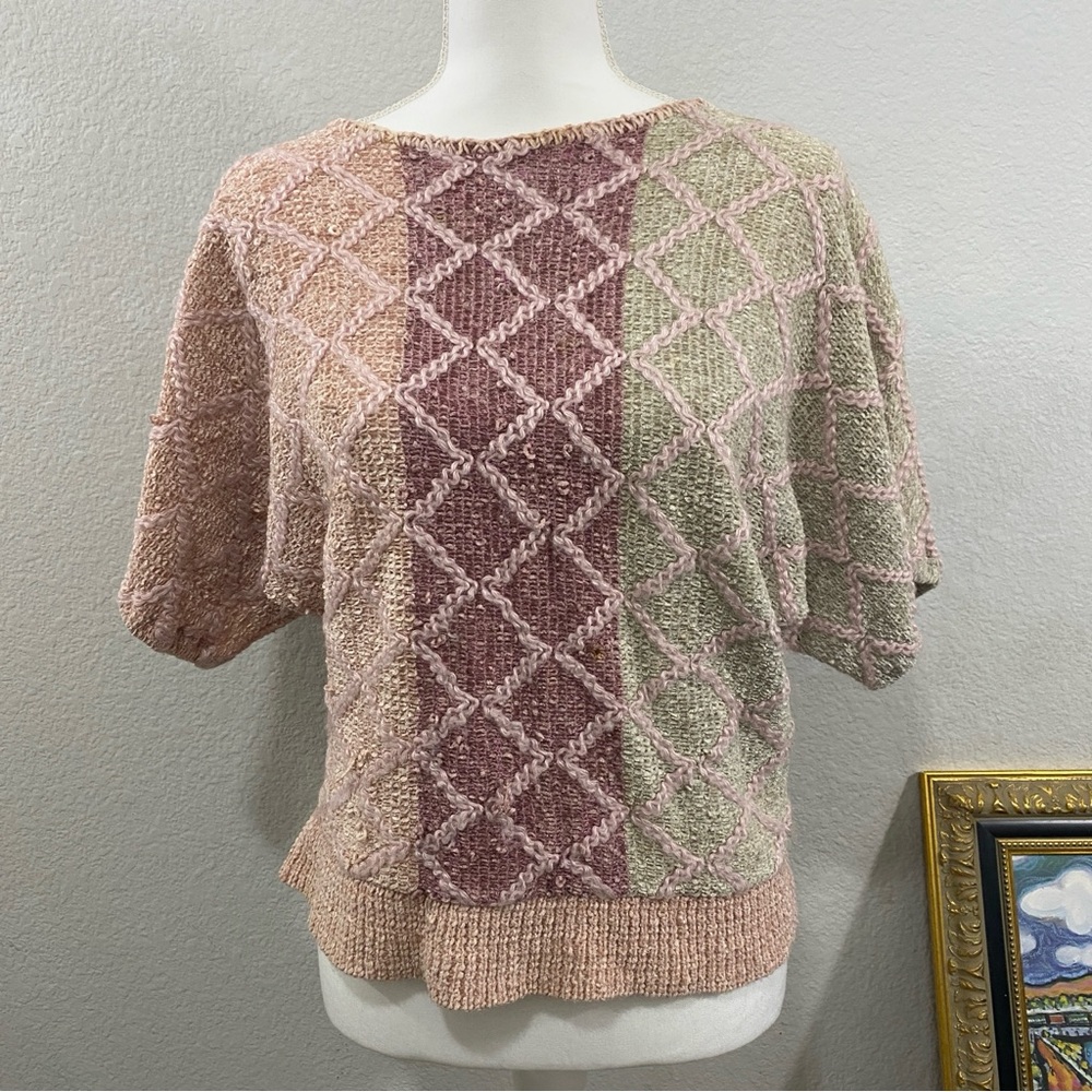 Vintage Amana Knit Sweater in Pink and Green,‎ Rayon Blend, Some Yarn Pulling